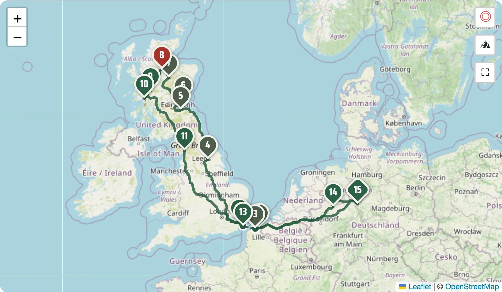 Routenkarte einer Schottland-Rundreise am Rechner: nummerierte Etappen mit Verbindungslinie von Deutschland bis in die schottischen Highlands.