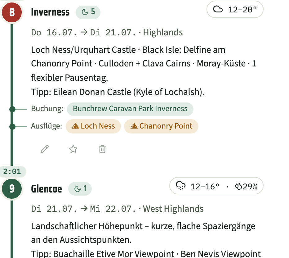 Etappen-Detail von Inverness und Glencoe an der Routenlinie – je mit Datum, Fahrzeit, Wetter, Buchung und Ausflugszielen.